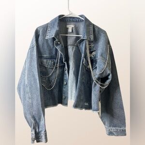 Forever 21 Blue Jean Jacket with Pearl Accents
